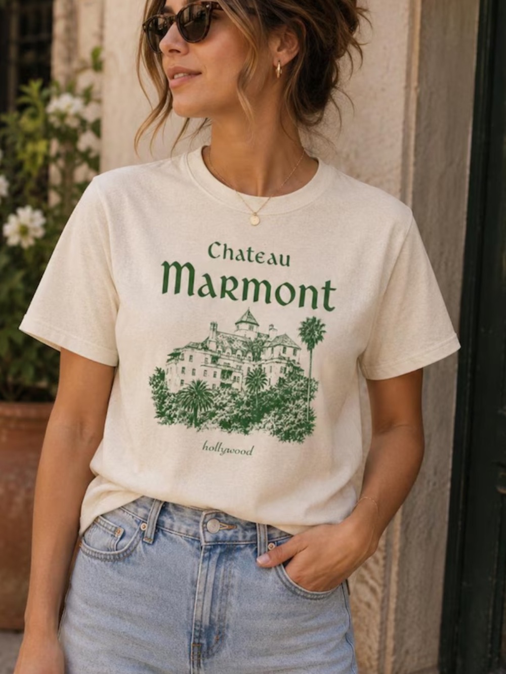 Gildan Off White Short Sleeve Tee with Green Chateau Marmont Graphic